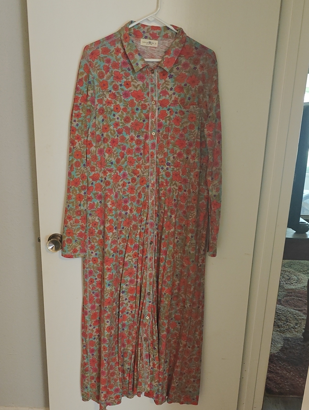 NATURAL LIFE Coral and Green Floral Button-Front Maxi Dress